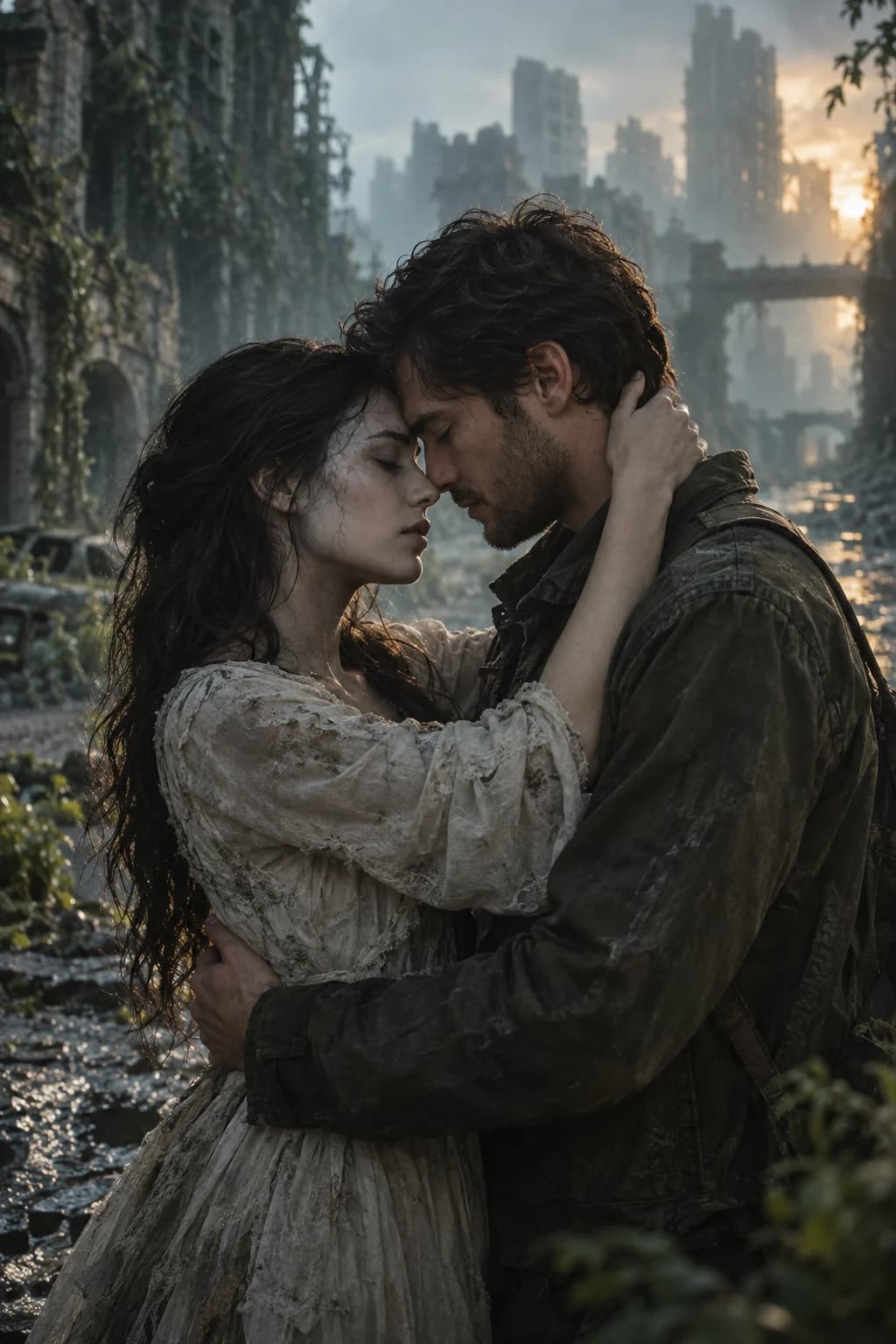 AI concept artwork of an adult couple embracing in a ruined city